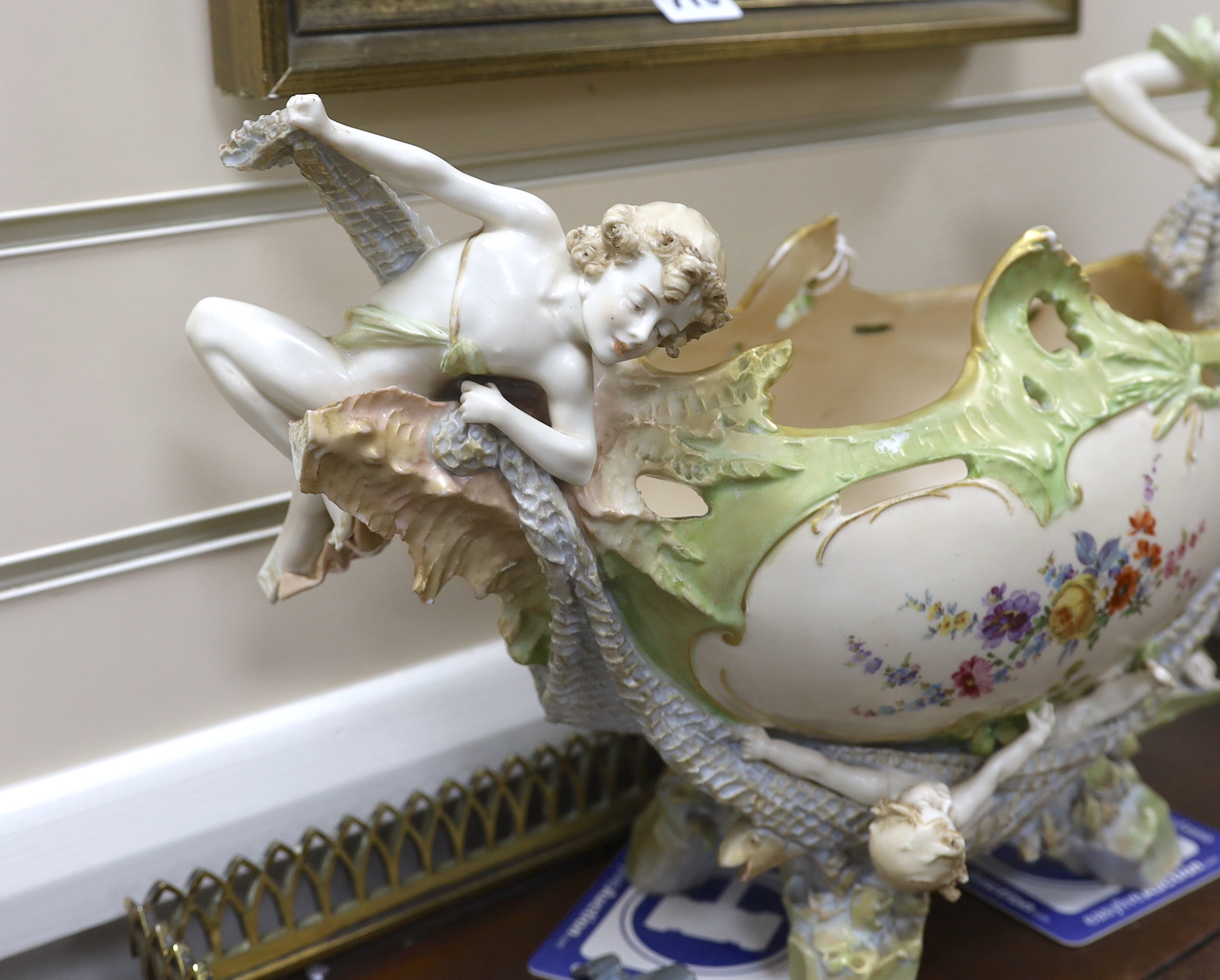 An early 20th century Austrian porcelain figural bowl or centrepiece, 45cm wide